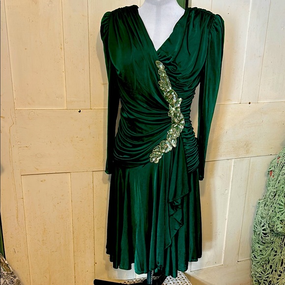 EC Vintage Filigree Heavily Rucked 80s Cocktail Dress Retro Mobwife Elegant Y2K - Picture 2 of 8